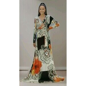 Ducci Boho Floral Maxi Dress XL Wrap Style Cream/Orange/Black Statement Print